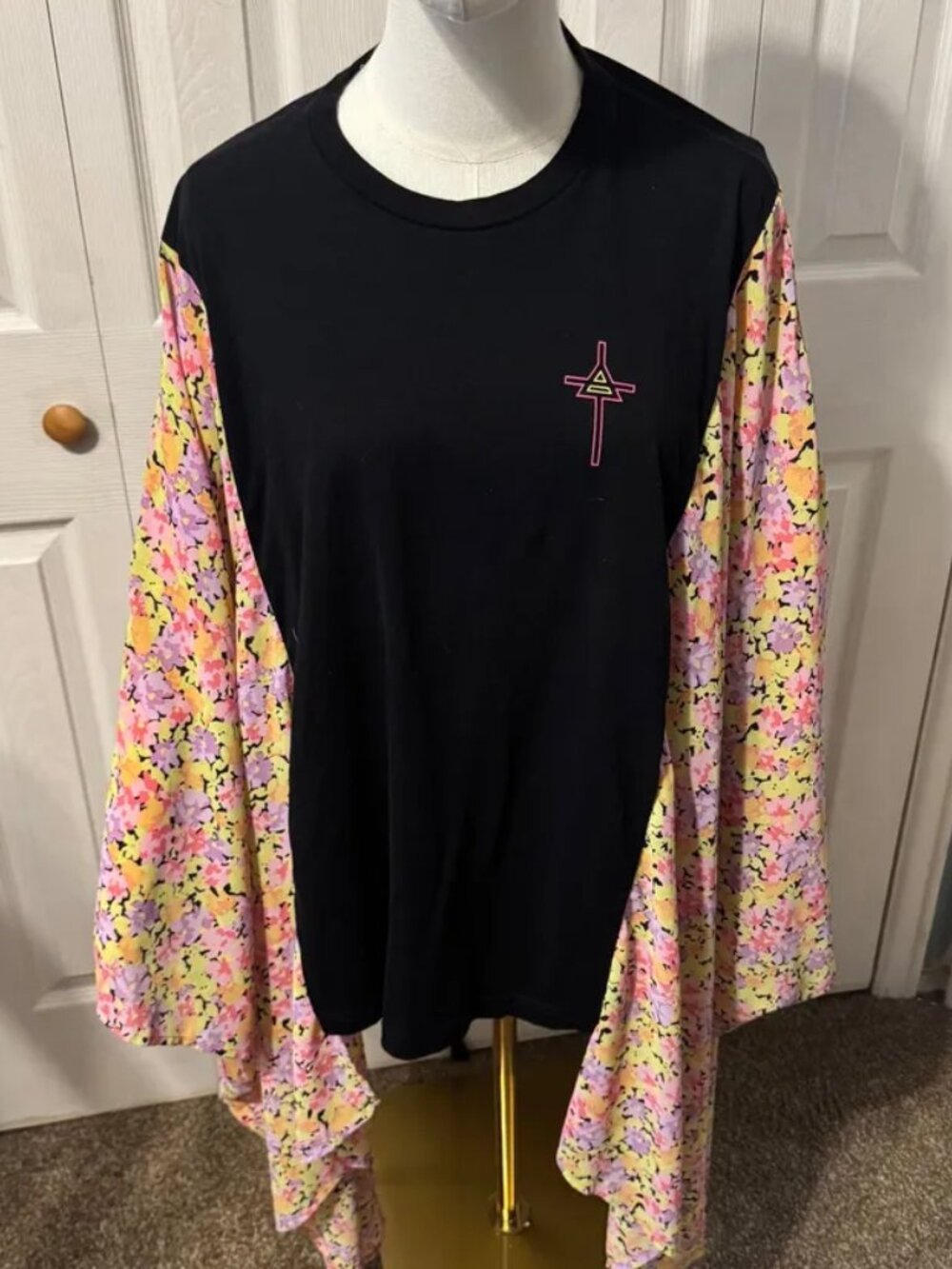 30 Seconds to Mars Upcycled T-shirt with Flowy Floral Print Sleeves - OSFM